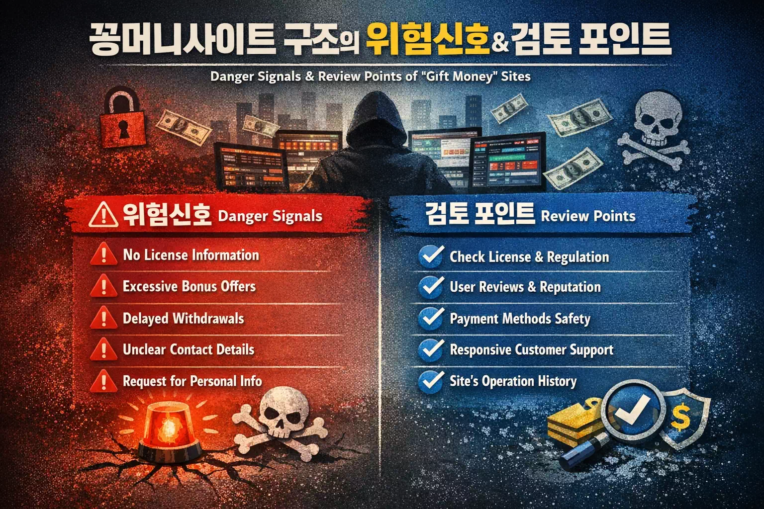 꽁머니 꽁머니사이트 구조의 위험 신호와 검토 포인트를 정리한 이미지