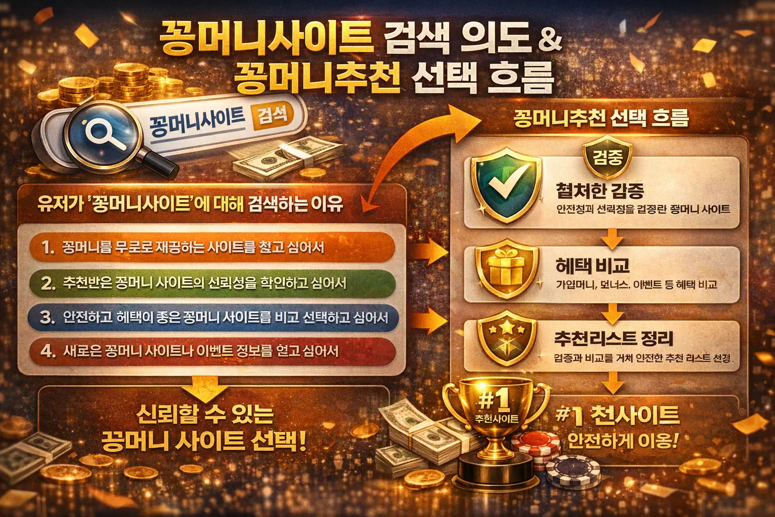 꽁머니사이트 검색 의도와 꽁머니추천 선택 흐름을 정리한 인포그래픽 이미지